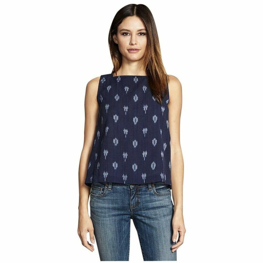 Eileen Fisher Organic Cotton Ikat Print Sleeveless Button Back Tank Top | Size S